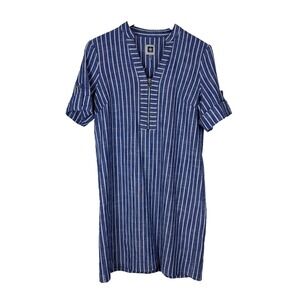Anne Klein Navy White Striped V-neck Shift Dress, Sz 4,‎ Gold Zipper Nautical